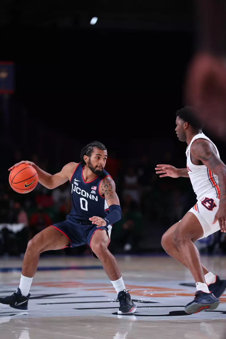 Connecticut Huskies guard Jalen Gaffney (0) at the Battle 4 Atlantis Wednesday, November 24, 2021 at Atlantis, Paradise Island in the Bahamas. (Photo by Tim Aylen)