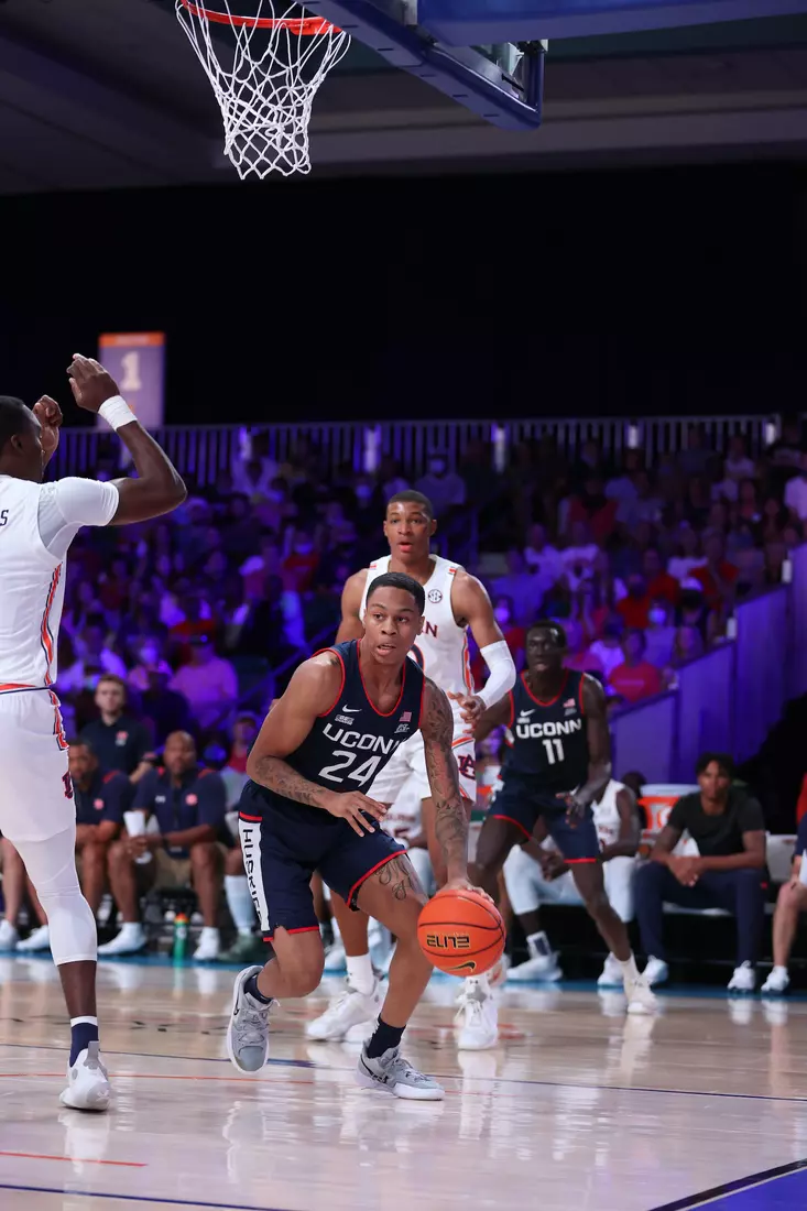 Connecticut Huskies guard Jordan Hawkins (24) at the Battle 4 Atlantis Wednesday, November 24, 2021 at Atlantis, Paradise Island in the Bahamas. (Photo by Tim Aylen)