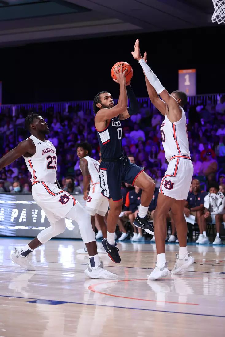 Connecticut Huskies guard Jalen Gaffney (0) at the Battle 4 Atlantis Wednesday, November 24, 2021 at Atlantis, Paradise Island in the Bahamas. (Photo by Tim Aylen)