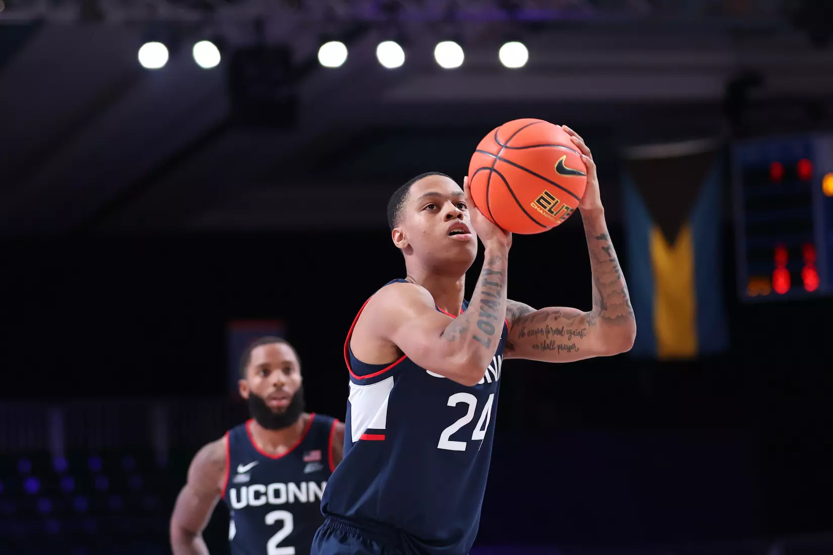 Connecticut Huskies guard Jordan Hawkins (24) at the Battle 4 Atlantis Wednesday, November 24, 2021 at Atlantis, Paradise Island in the Bahamas. (Photo by Tim Aylen)