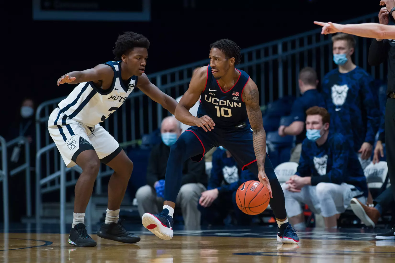 Brendan Adams dribbles against Butler on January 9, 2021.