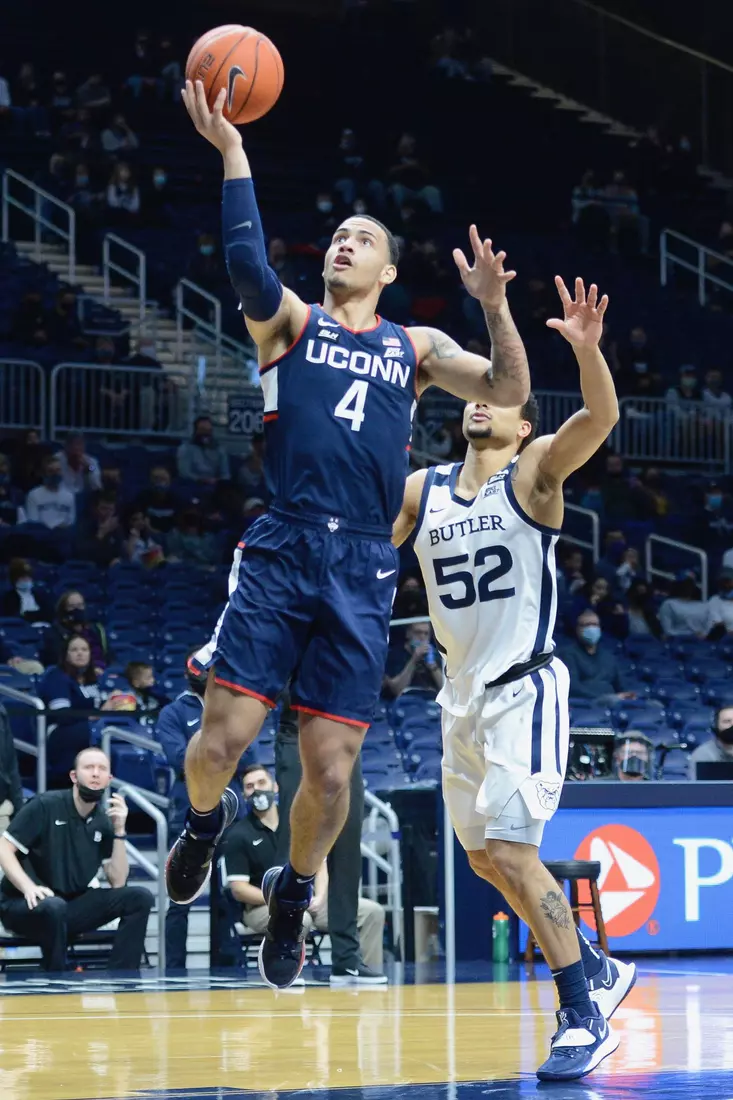 Tyrese Martin drives to the hoop against Butler on January 9, 2021.
