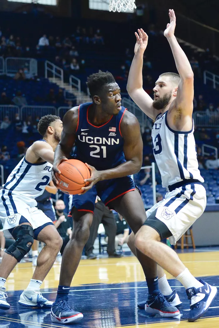 Adama Sanogo makes a move in the paint against Butler on January 9, 2021.