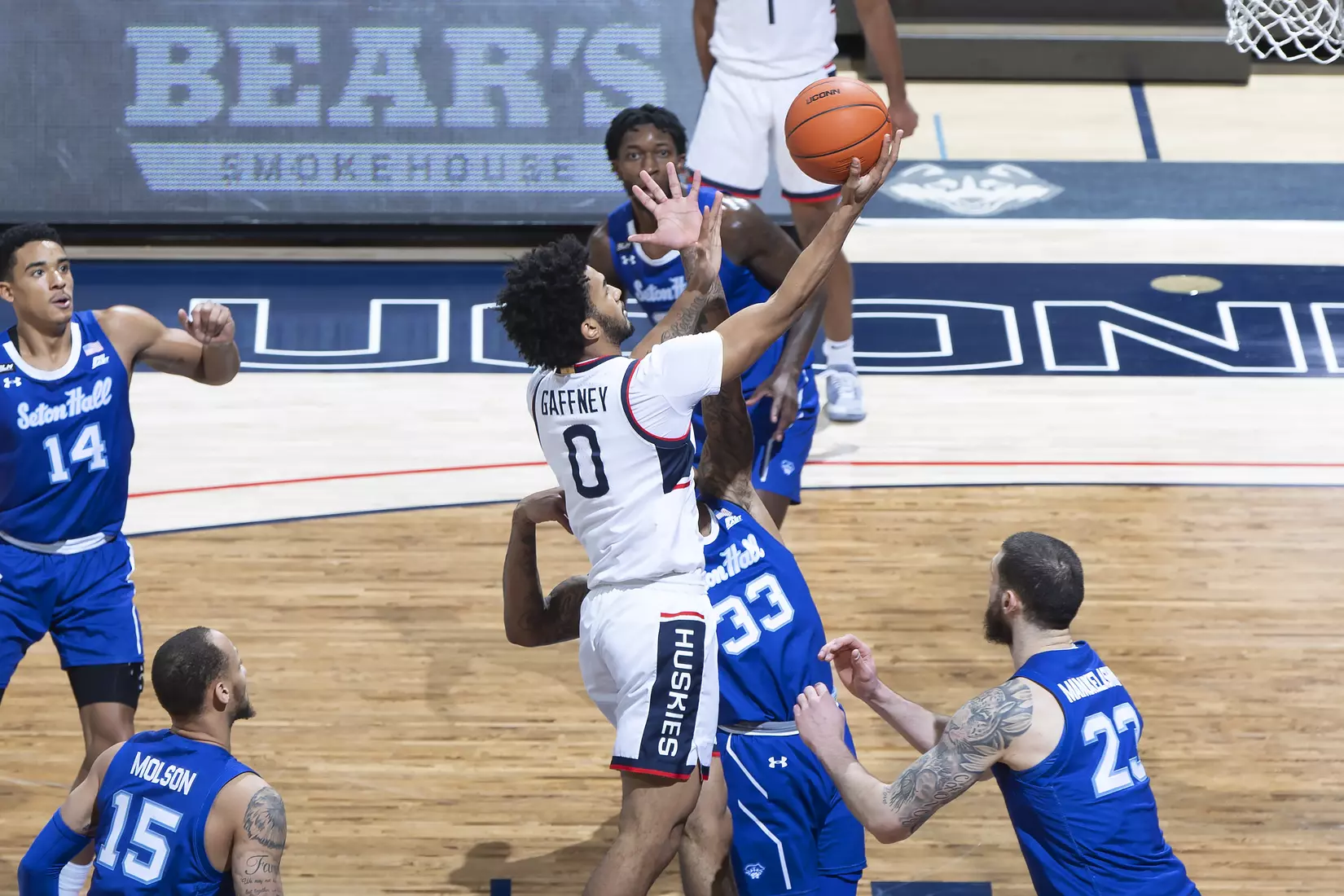 Jalen Gaffney takes it to the hoop against Seton Hall on February 6, 2021.