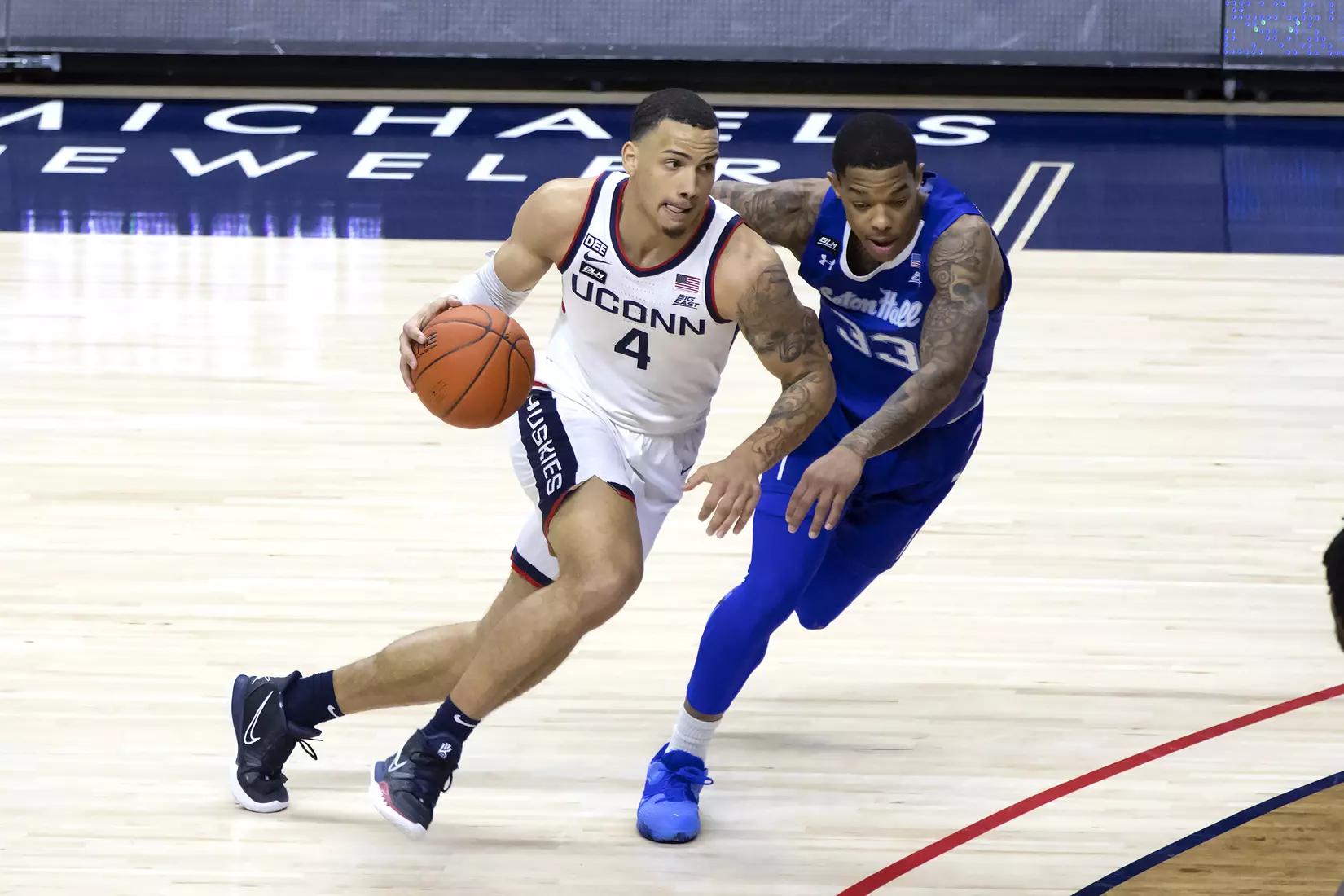 Tyrese Martin drives against Seton Hall on February 6, 2021.