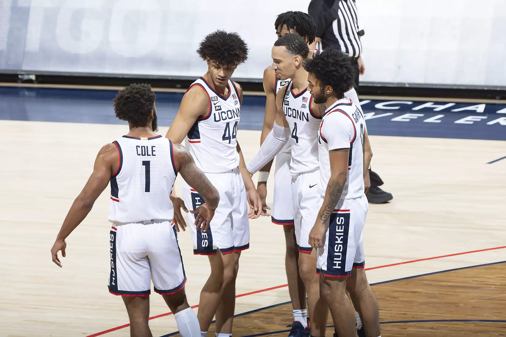 The Huskies during the first half of the game against Seton Hall on February 6, 2021.