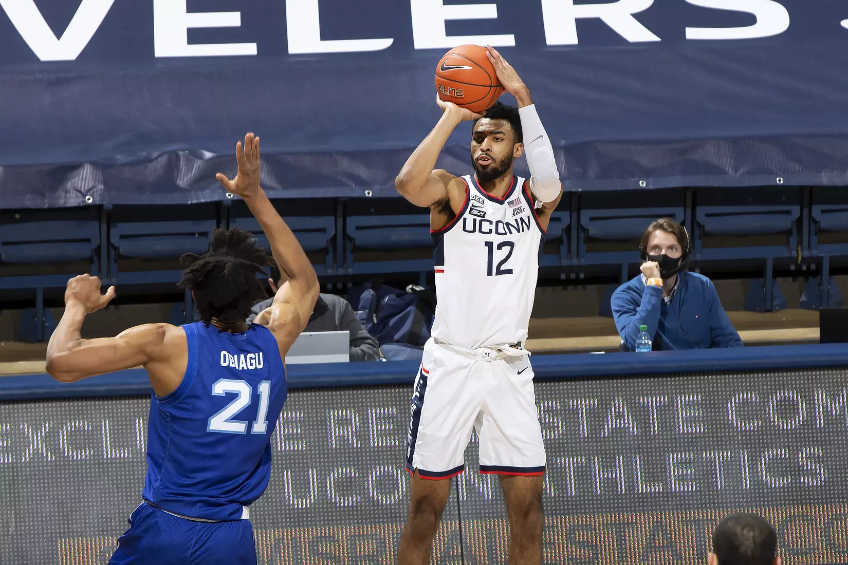 Tyler Polley shoots a three-pointer against Seton Hall on February 6, 2021.