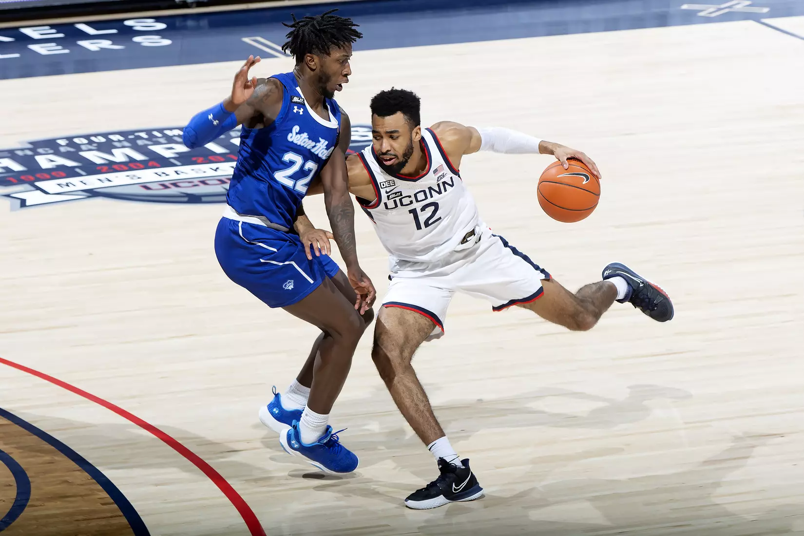 Tyler Polley dribbles against Seton Hall on February 6, 2021.