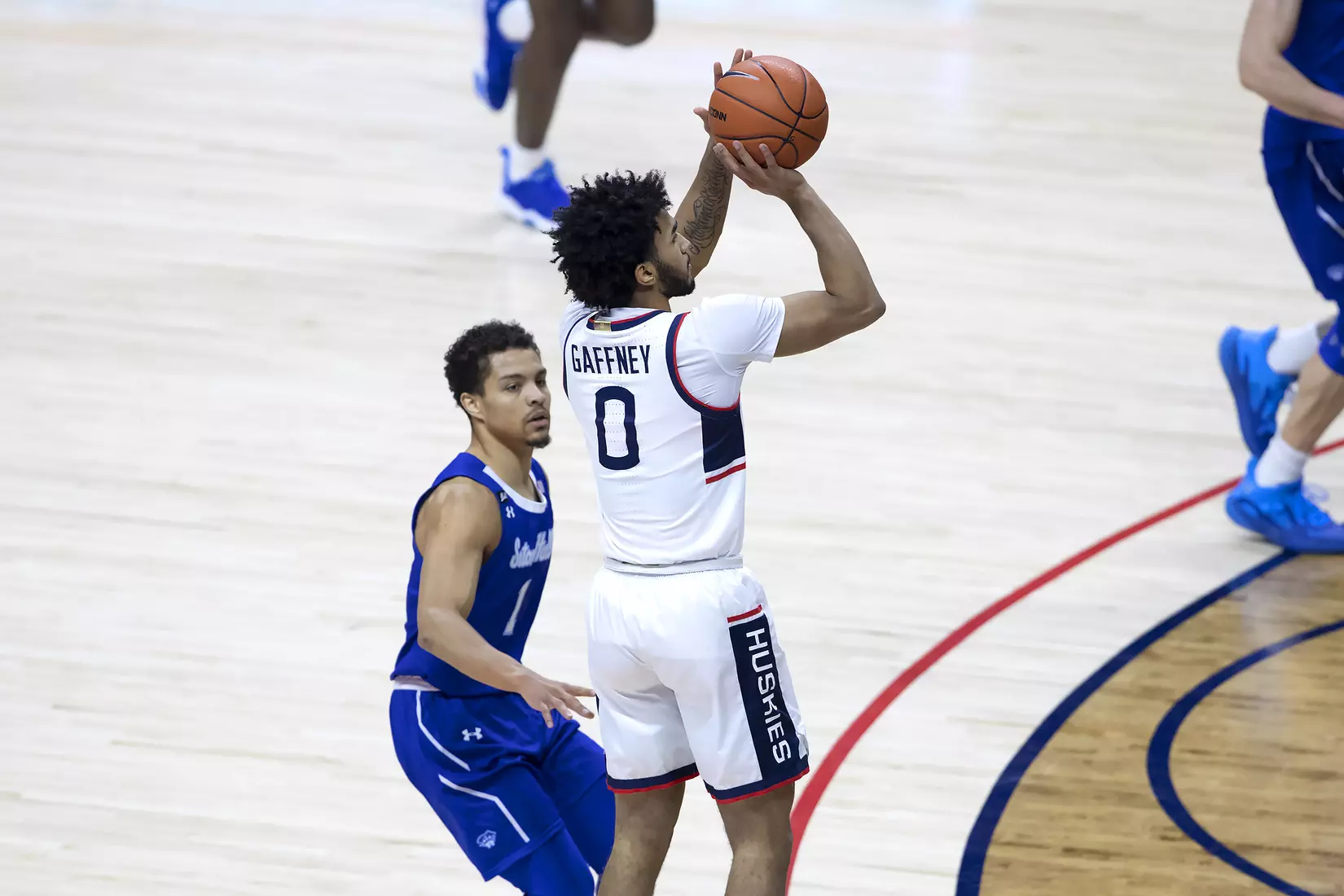Jalen Gaffney shoots a three-pointer against Seton Hall on February 6, 2021.