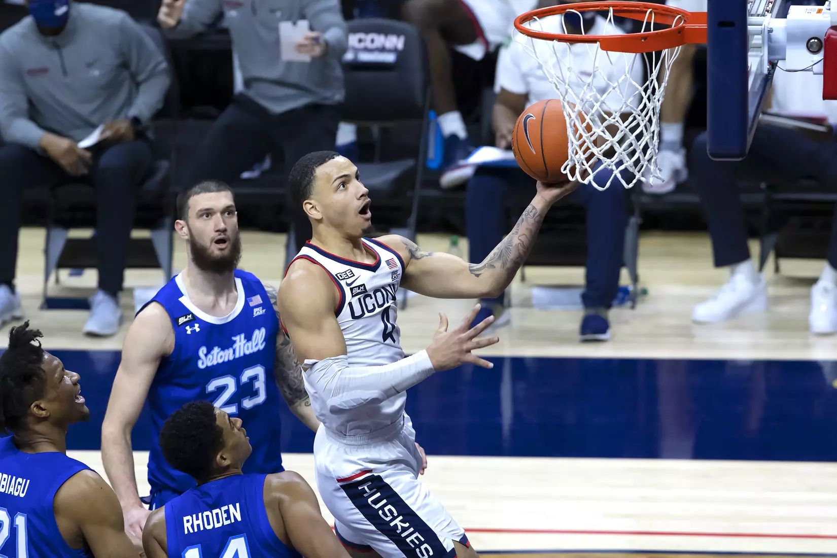Tyrese Martin goes to the hoop against Seton Hall on February 6, 2021.
