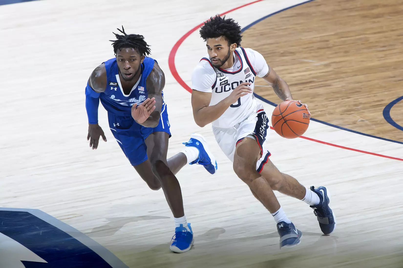 Jalen Gaffney drives to the basket against Seton Hall on February 6, 2021.
