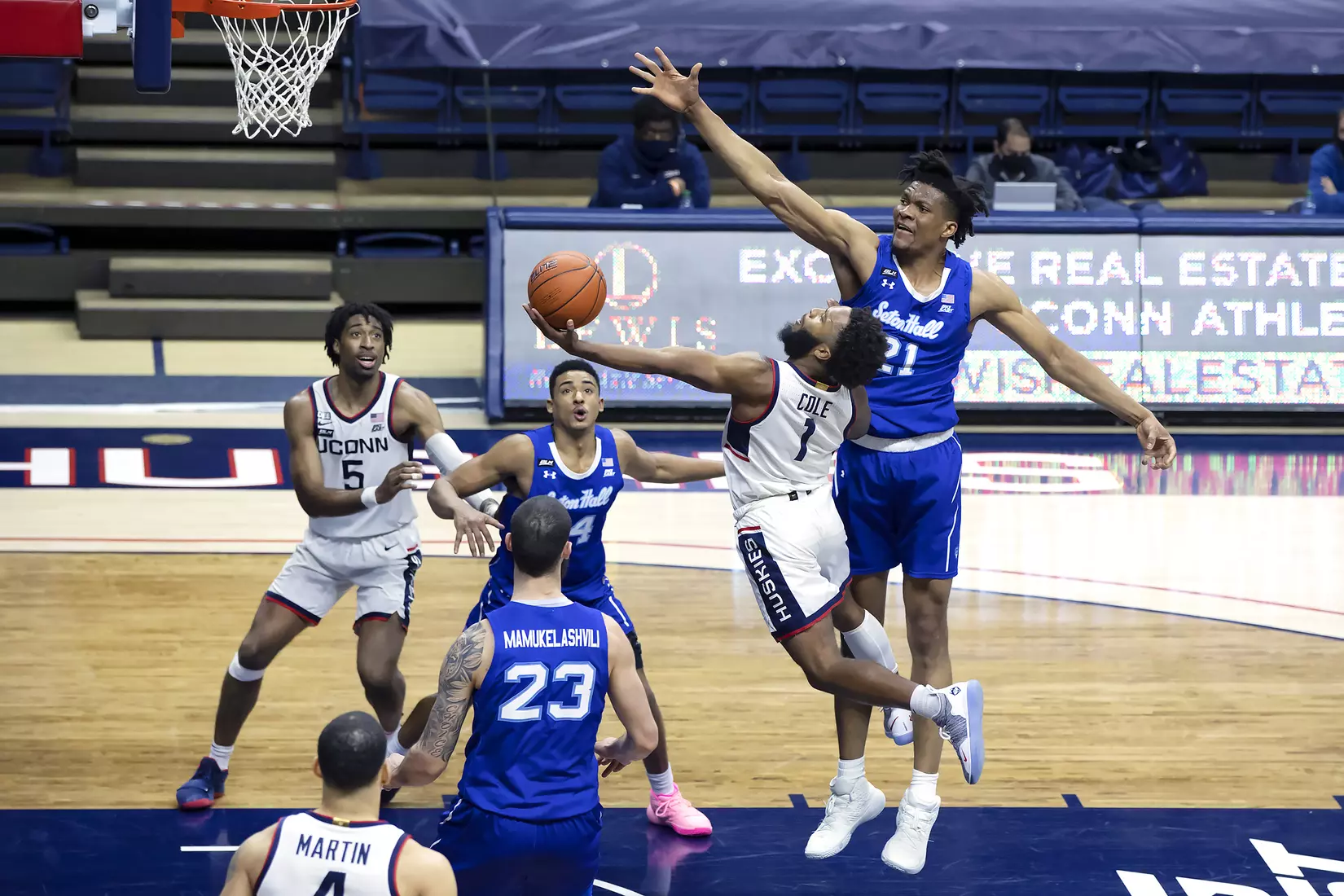 R.J. Cole drives the lane and gets fouled against Seton Hall on February 6, 2021.