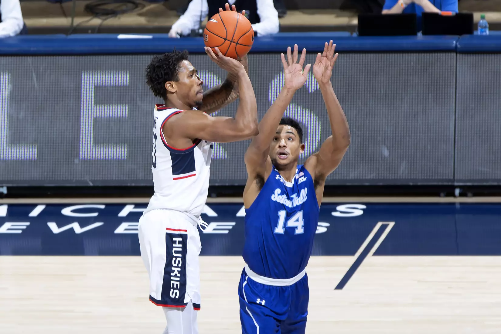 Brendan Adams shoots a three-pointer against Seton Hall on February 6, 2021.
