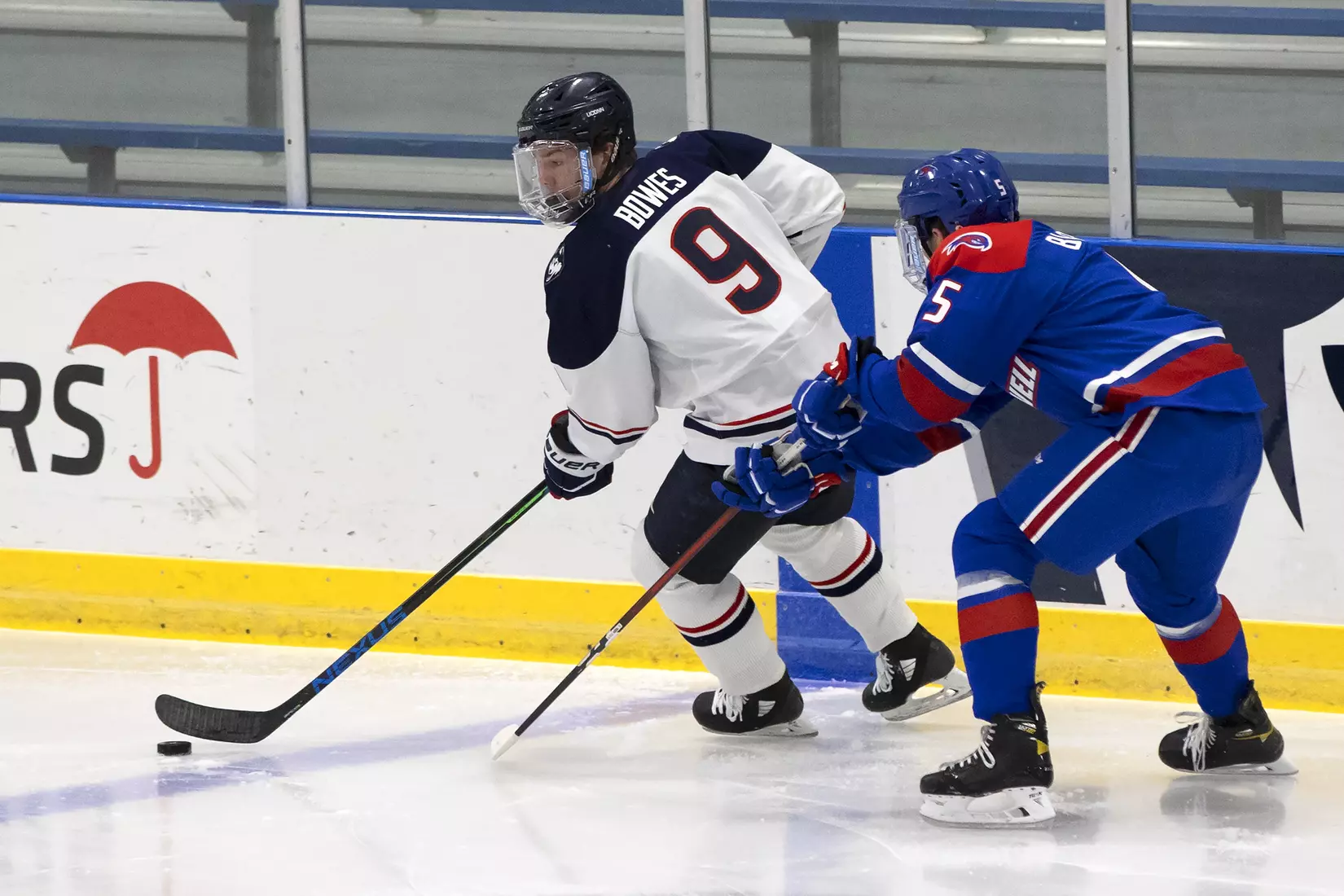 Cassidy Bowes controls the puck against UMass Lowell on December 21, 2020.