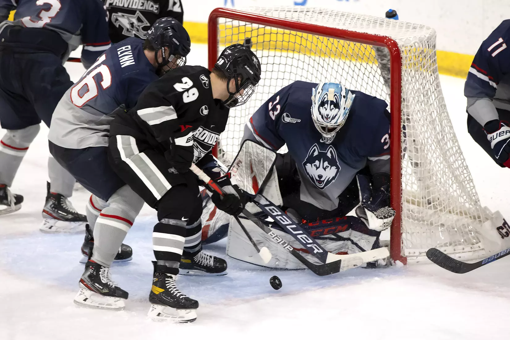 Tomas Vomacka makes a save against Providence on December 28, 2020.