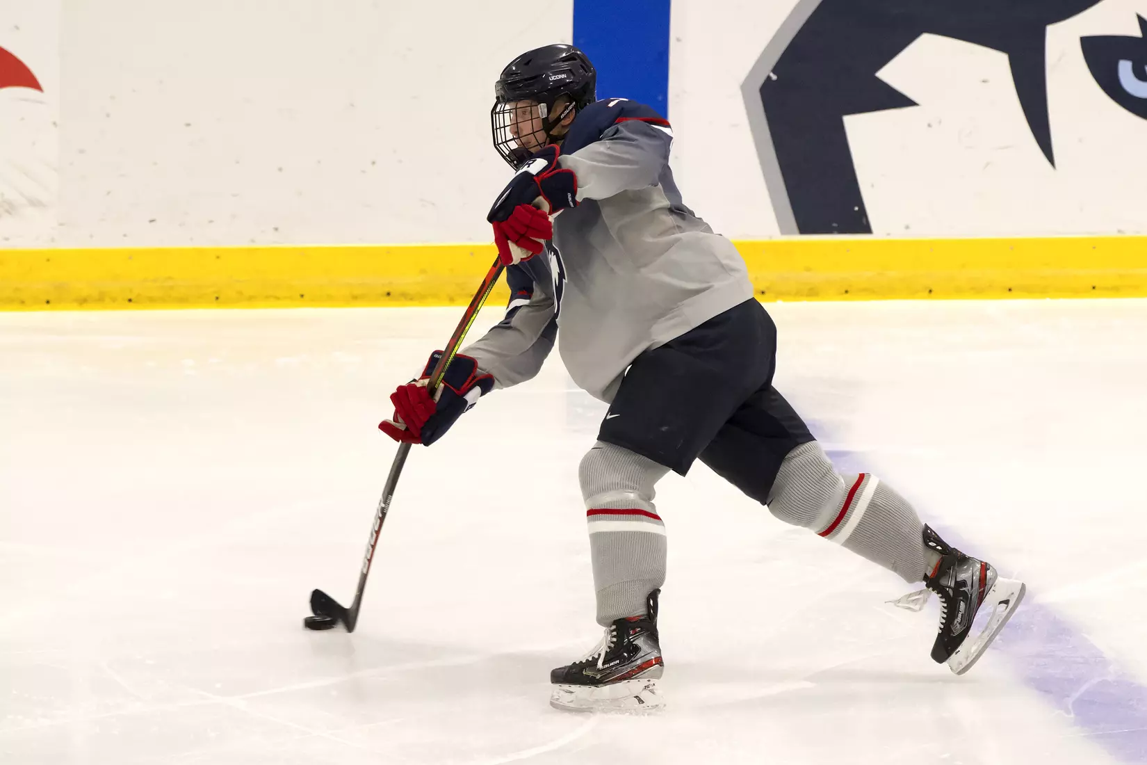 Adam Karshik rips a shot that ends up in the back of the net against Providence on December 28, 2020.