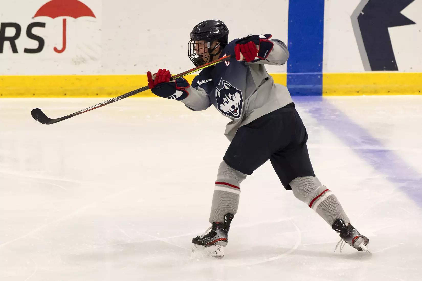 Adam Karashik rips a shot that ends up in the back of the net against Providence on December 28, 2020.