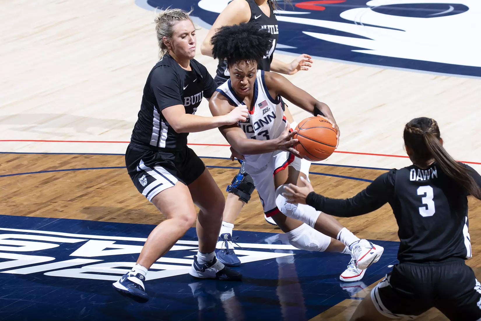 Christyn Williams drives to the hoop against Butler on January 19, 2021.