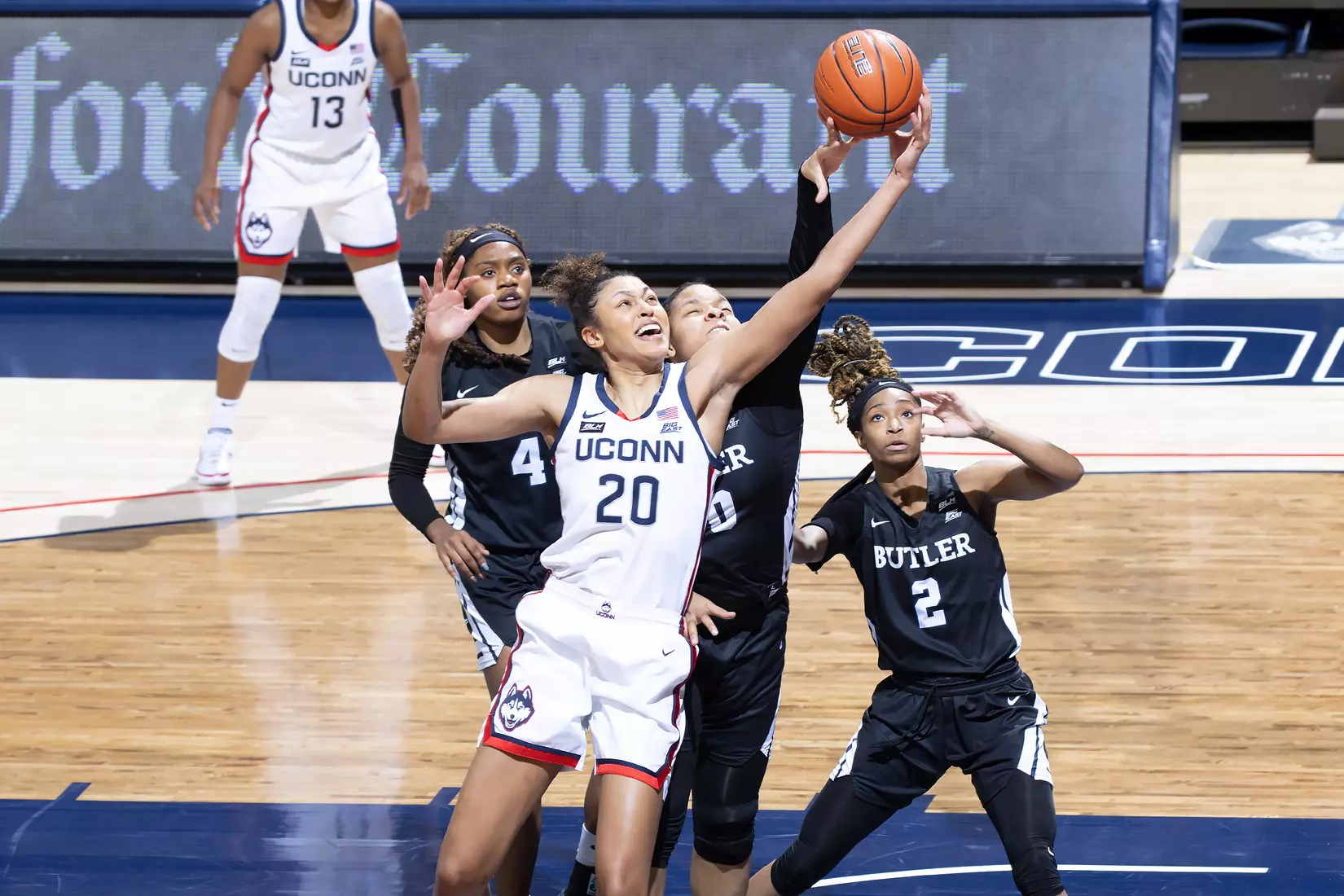 Olivia Nelson-Ododa grabs a rebound against Butler on January 19, 2021.