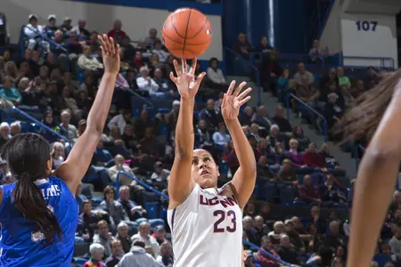 With five made 3-pointers against CofC, Kaleena Mosqueda-Lewis moved into third on UConn's all-time list (294).