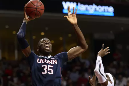 Freshman center Amida Brimah (10 points) was one of four Huskies in double-figures Thursday against Temple.