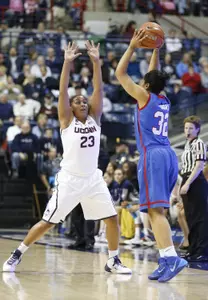 Kaleena Mosqueda-Lewis defends against SMU on Tuesday night in Gampel Pavilion.