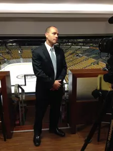 Head Coach Mike Cavanaugh at Hockey East Media Day at TD Garden