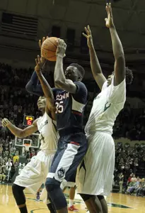 Amida Brimah tallied a season-high six blocks in UConn's win over USF on Tuesday.