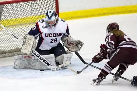 Senior goaltender Elaine Chuli recorded 100 combined saves against Boston College.