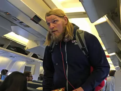 Andreas Knappe is an imposing figure on a plane.