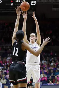 Breanna Stewart (30) shoots against Cincinnati Bearcats guard Alyesha Lovett. Credit: David Butler II-USA TODAY Sports