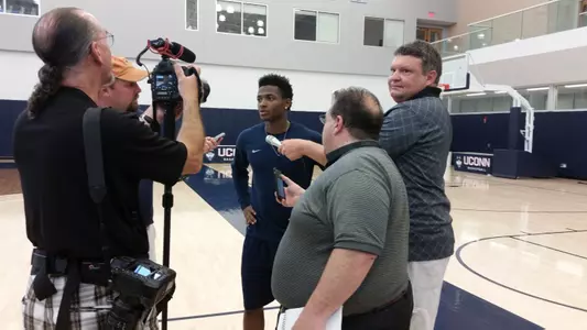 Alterique Gilbert talks to the media.