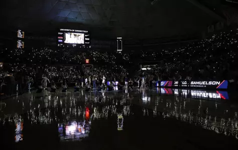 Connecticut Huskies forward Katie Lou Samuelson (33) is introduced before the start of the game against the Tulane Green Wave at Harry A. Gampel Pavilion. David Butler II-USA TODAY Sport