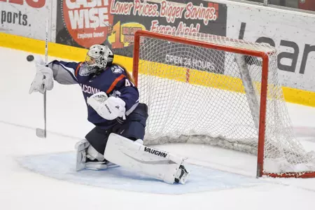Annie Belanger makes a save at St. Cloud State (PC: Maddie MacFarlane).