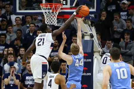 Diarra blocks a shot against Columbia on Wednesday night (PC: Steve Slade).