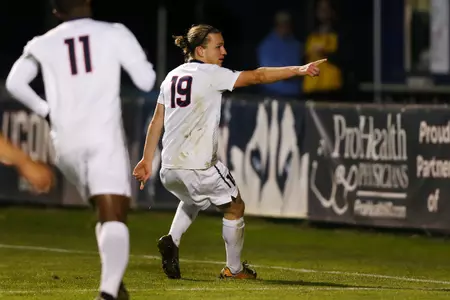 Niko Petridis celebrates after his goal vs. Yale on Tuesday. (PC: Steve Slade)