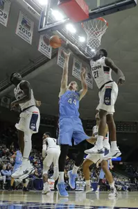 Mamadou Diarra blocks a shot against Columbia at a recent game.