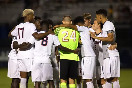 UConn huddle before Tuesday's match vs. Providence (PC: Steve Slade).