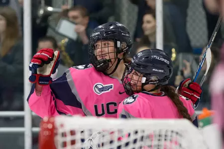 Rebecca Lindblad celebrates her goal with teammate Reese Maccario (PC: Steve Slade).