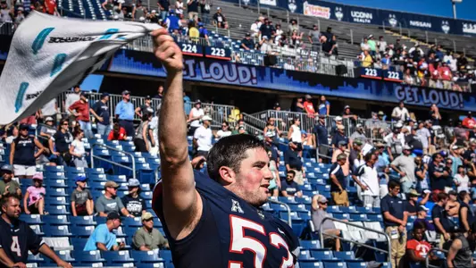 Brian Keating rallies the fans at Pratt & Whitney Stadium