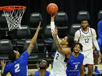 James Bouknight takes it to the hoop on November 25 against CCSU