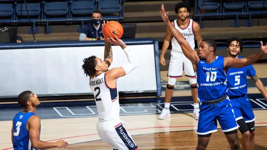 James Bouknight takes a jumper in the Huskies' win over CCSU on November 25.