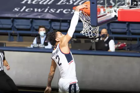 James Bouknight drives to the hoop vs. CCSU on November 25.
