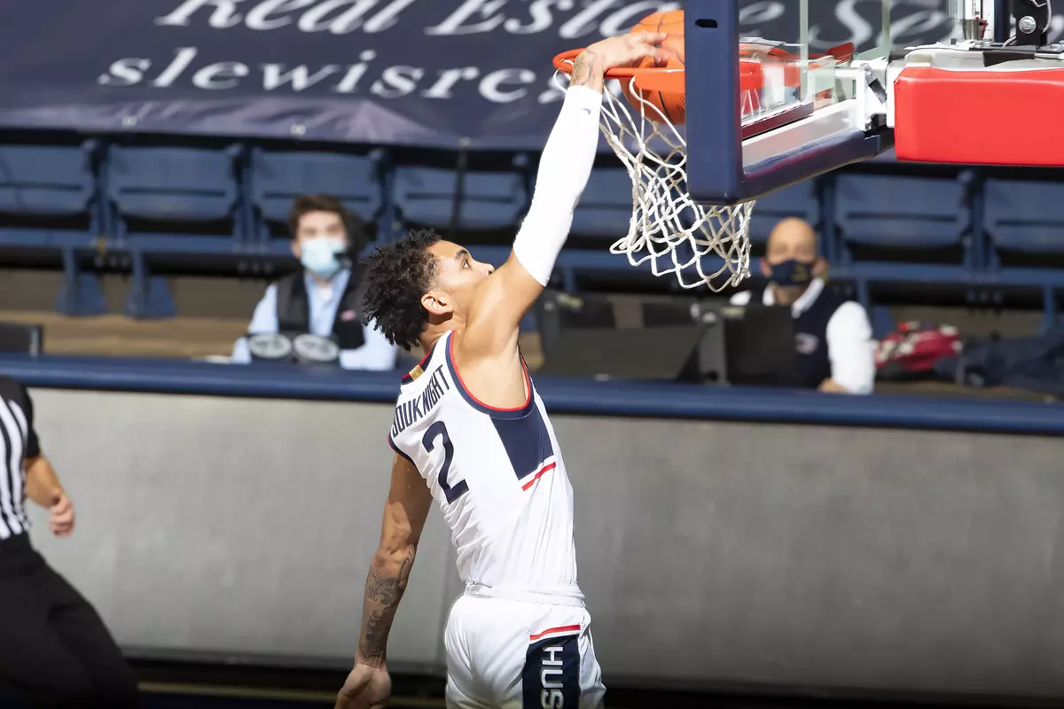 James Bouknight drives to the hoop vs. CCSU on November 25.