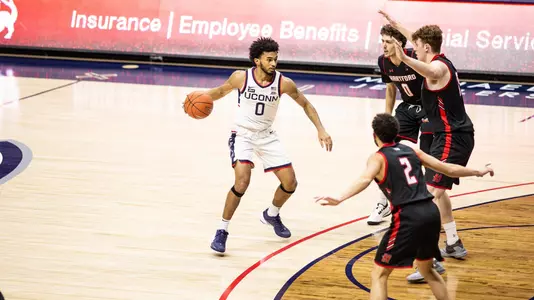 Jalen Gaffney dribbles at the top of the key against Hartford on November 27.
