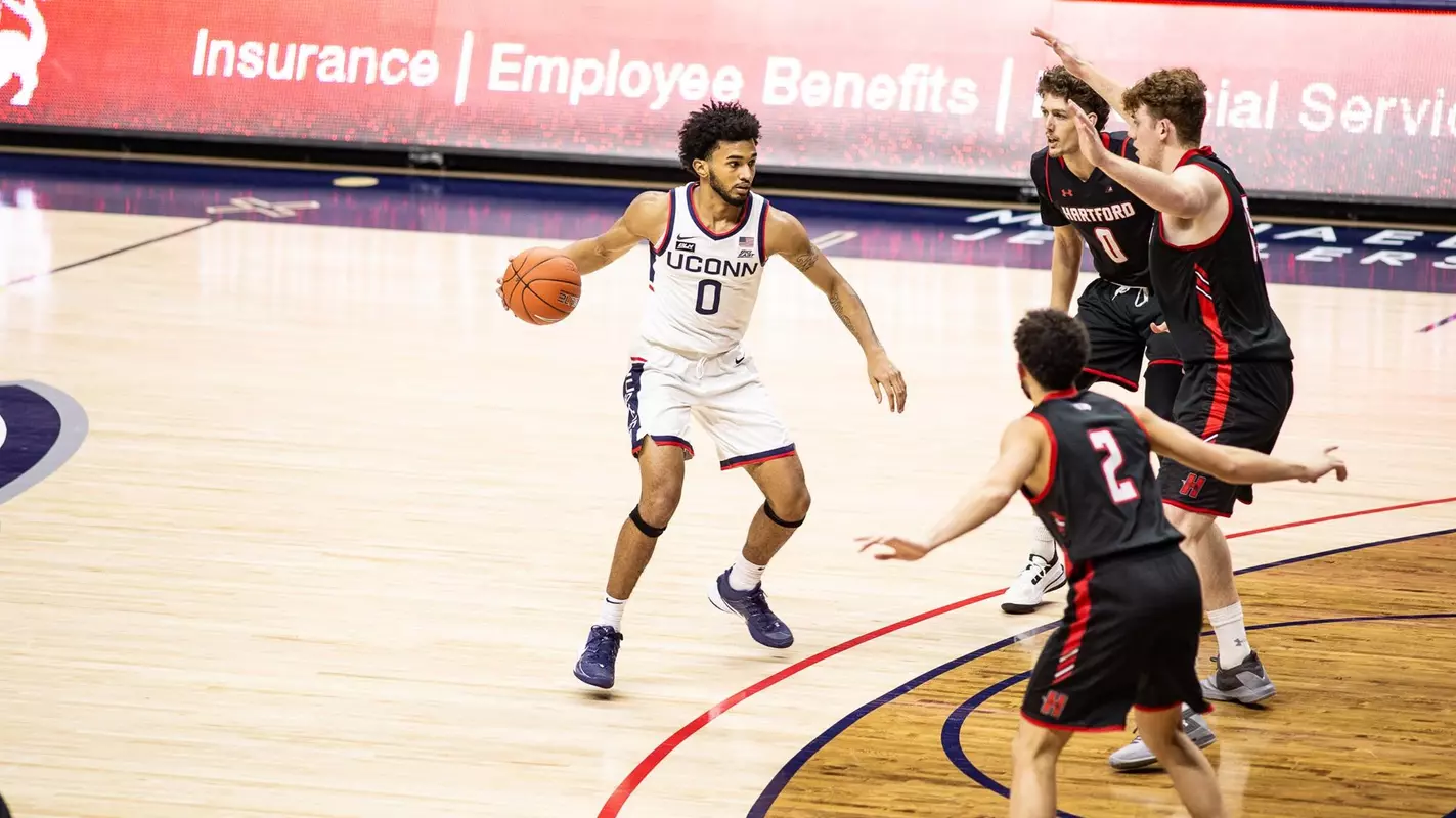 Jalen Gaffney dribbles at the top of the key against Hartford on November 27.