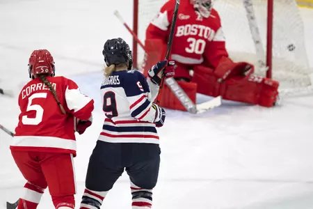Natalie Snodgrass scores a goal against BU on December 11, 2020.