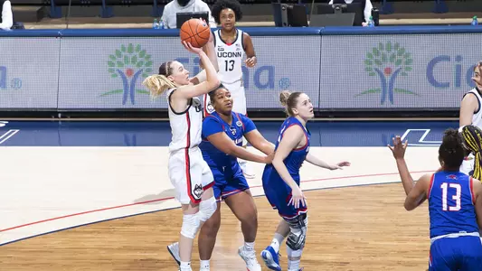 Paige Bueckers takes a pull up jumper against UMass-Lowell on December 12, 2020.