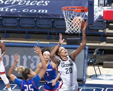 Olivia Nelson-Ododa goes up for a lay up against UMass-Lowell on December 12, 2020.