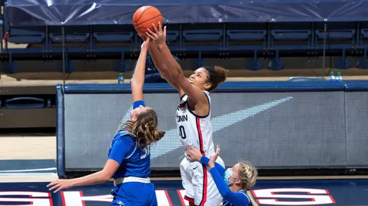 Olivia Nelson-Ododa grabs a rebound against Creighton on December 17, 2020.